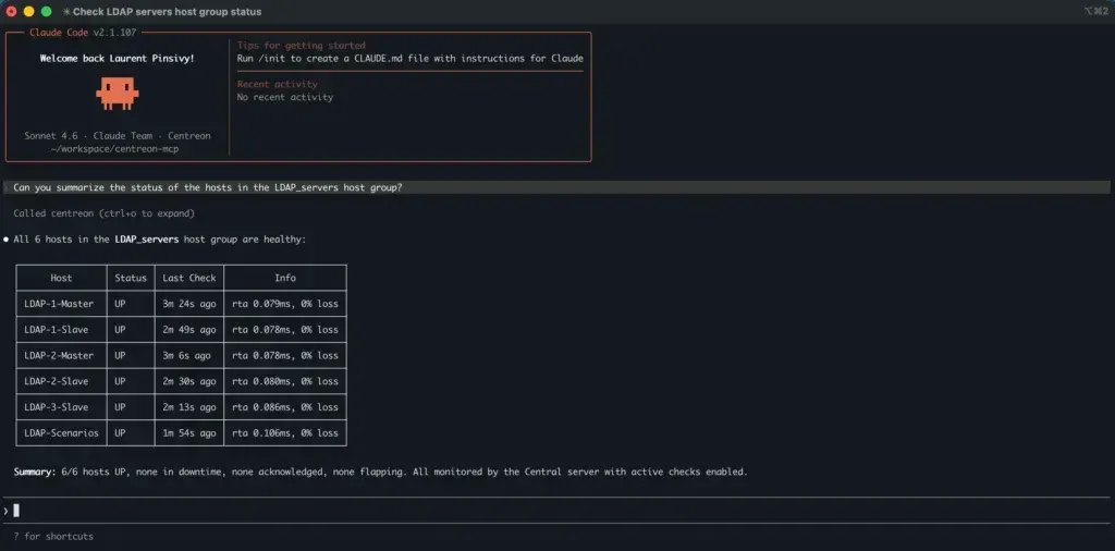 Claude Code interrogeant le MCP Server Centreon : les 6 hôtes du groupe d'hôtes LDAP_servers sont UP, avec leur dernier contrôle et leurs résultats de ping