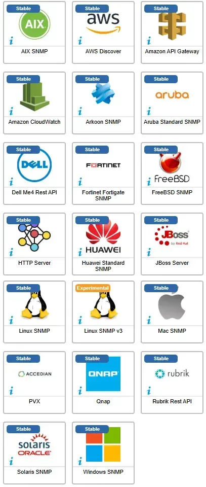 Les 20 connecteurs ayant évolué en avril 2026, dont AIX SNMP, AWS Discover, Amazon CloudWatch, Aruba, Dell Me4, Fortinet Fortigate, Huawei, JBoss, Linux SNMP, Qnap, Solaris et Windows SNMP