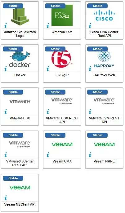 Les 13 connecteurs corrigés en mai 2026, dont Amazon CloudWatch Logs, Amazon FSx, Cisco DNA Center, Docker, F5 BigIP, HAProxy Web, VMware ESX, VMware8 et Veeam