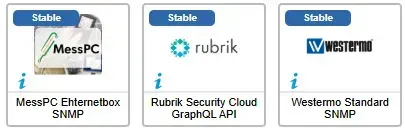 Les 3 nouveaux connecteurs de supervision de mai 2026, marqués Stable : MessPC Ethernetbox SNMP, Rubrik Security Cloud GraphQL API et Westermo Standard SNMP
