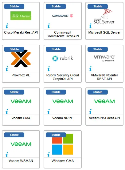Les 11 connecteurs corrigés en juillet 2026 : Cisco Meraki Rest API, Commvault Commserve, Microsoft SQL Server, Proxmox VE, Rubrik, VMware 8 vCenter, Veeam (CMA, NRPE, NSClient, WSMAN) et Windows CMA