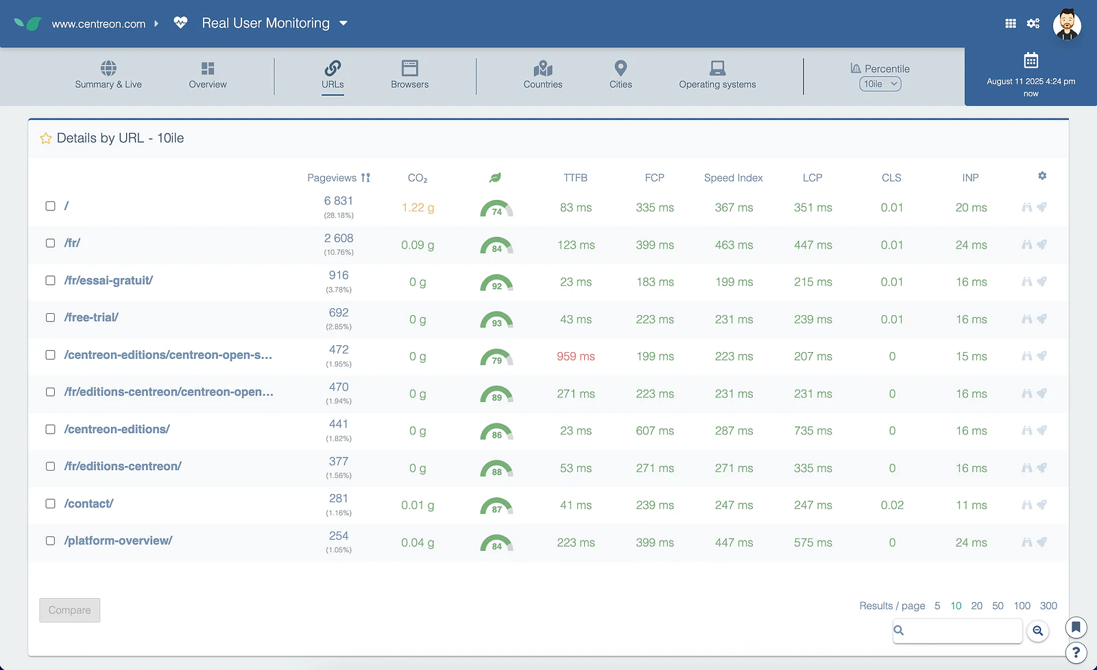 Real User Monitoring: per-URL performance metrics table