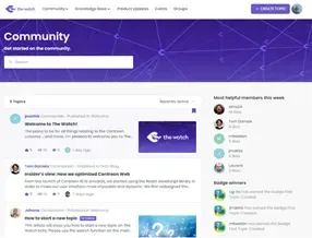 Page d'accueil de The Watch, la plateforme communautaire des utilisateurs Centreon : sujets de la communauté, membres les plus actifs et badges