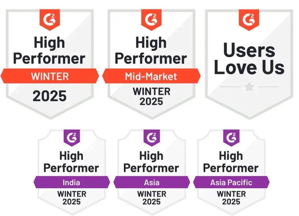 Les six badges G2 de Centreon pour l'hiver 2025 : High Performer, High Performer Mid-Market, Users Love Us, et High Performer pour l'Inde, l'Asie et l'Asie-Pacifique