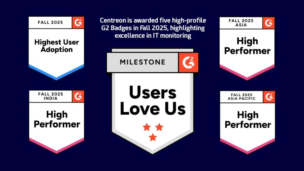 Centreon's five G2 badges for Fall 2025: Users Love Us, Highest User Adoption, and High Performer for Asia, India and Asia Pacific