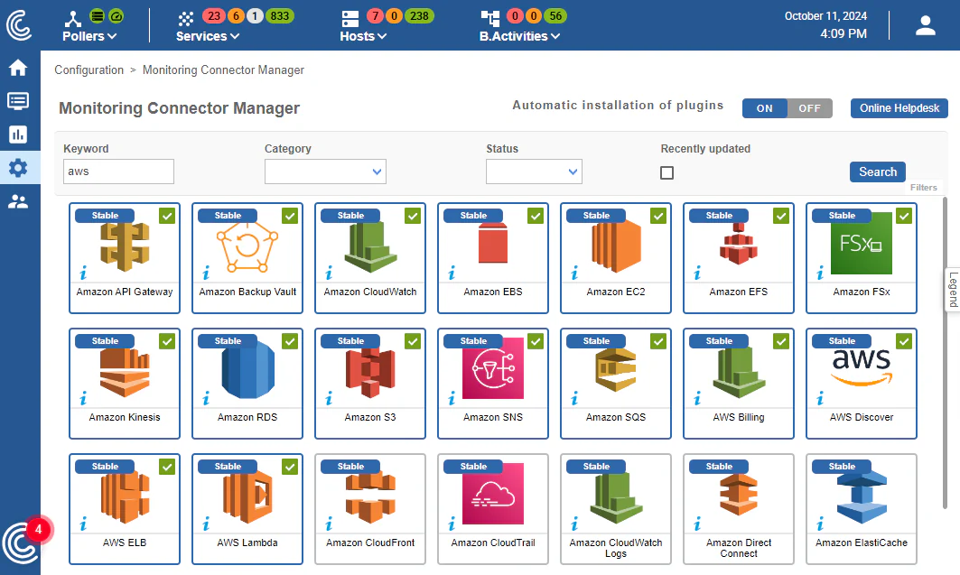Gestionnaire de connecteurs de supervision Centreon : connecteurs AWS (EC2, RDS, S3, Lambda, CloudWatch…)