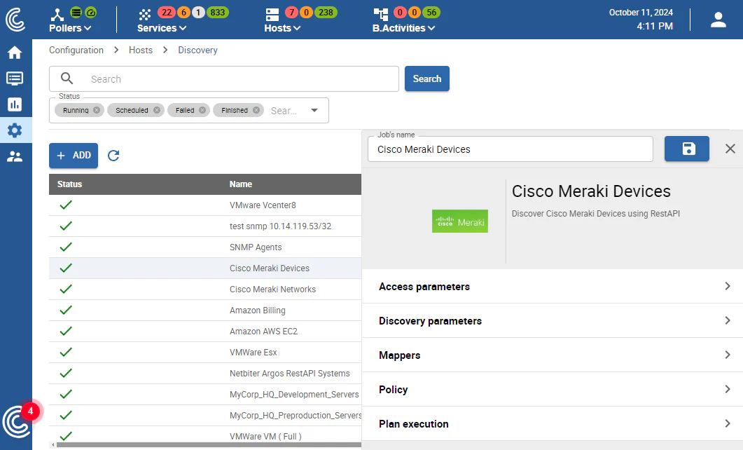 Découverte d'hôtes dans Centreon : tâche de découverte des équipements Cisco Meraki