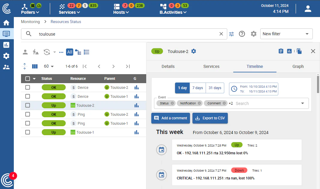 Statut des ressources dans Centreon : chronologie d'un équipement Cisco Meraki, événements OK et critiques