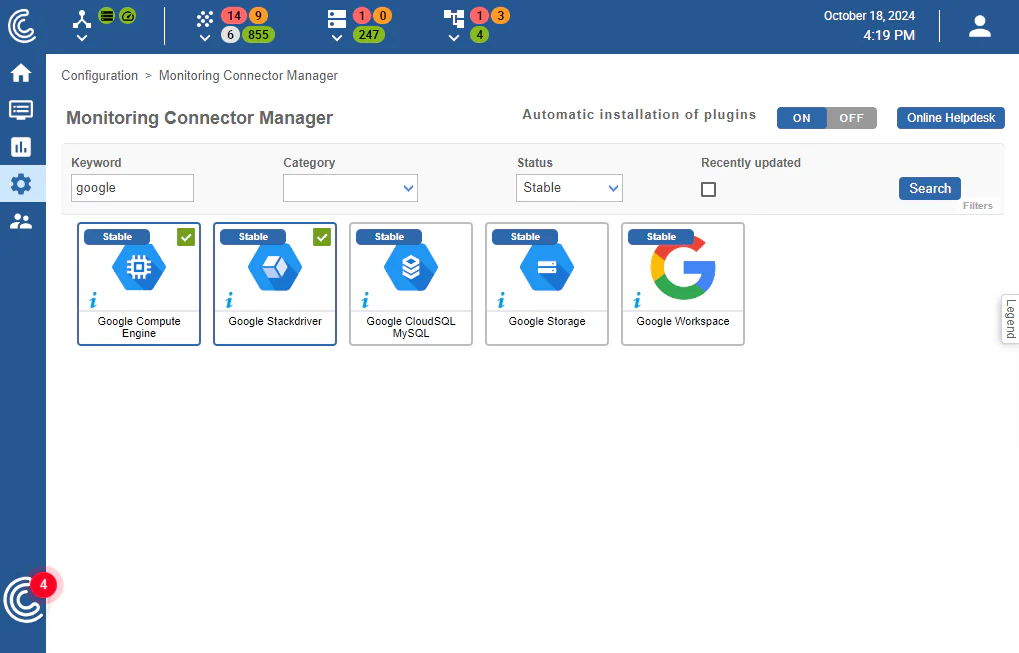 Gestionnaire de connecteurs de supervision Centreon : connecteurs Google Cloud (Compute Engine, Stackdriver, Cloud SQL, Storage, Workspace)