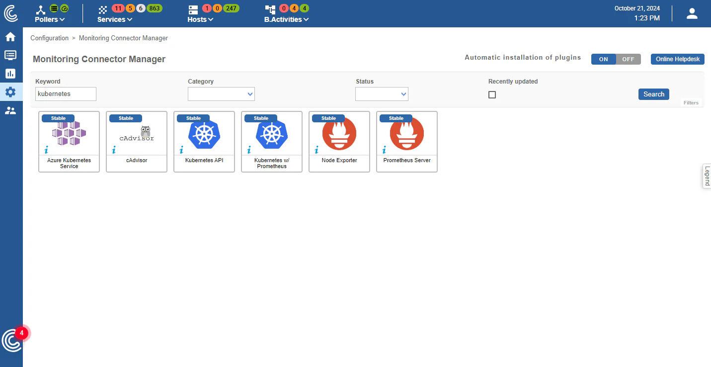Gestionnaire de connecteurs de supervision Centreon : connecteurs Kubernetes (API, Prometheus…)