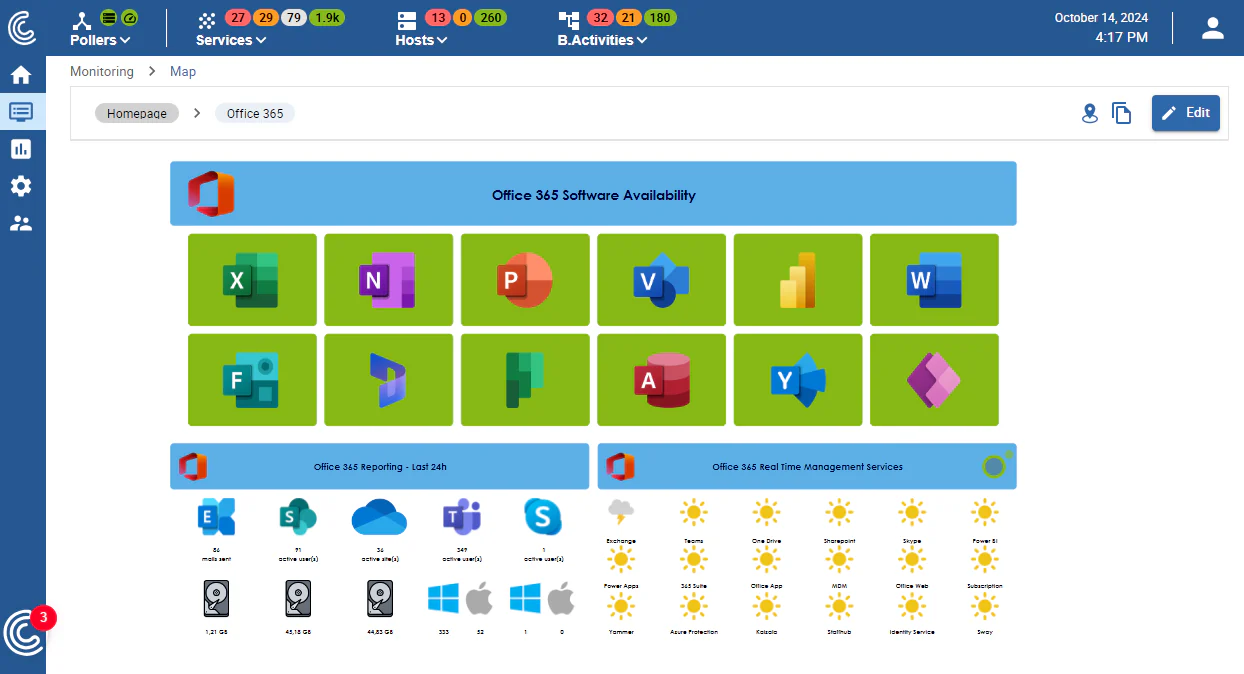 Carte Centreon de la disponibilité des applications Microsoft 365