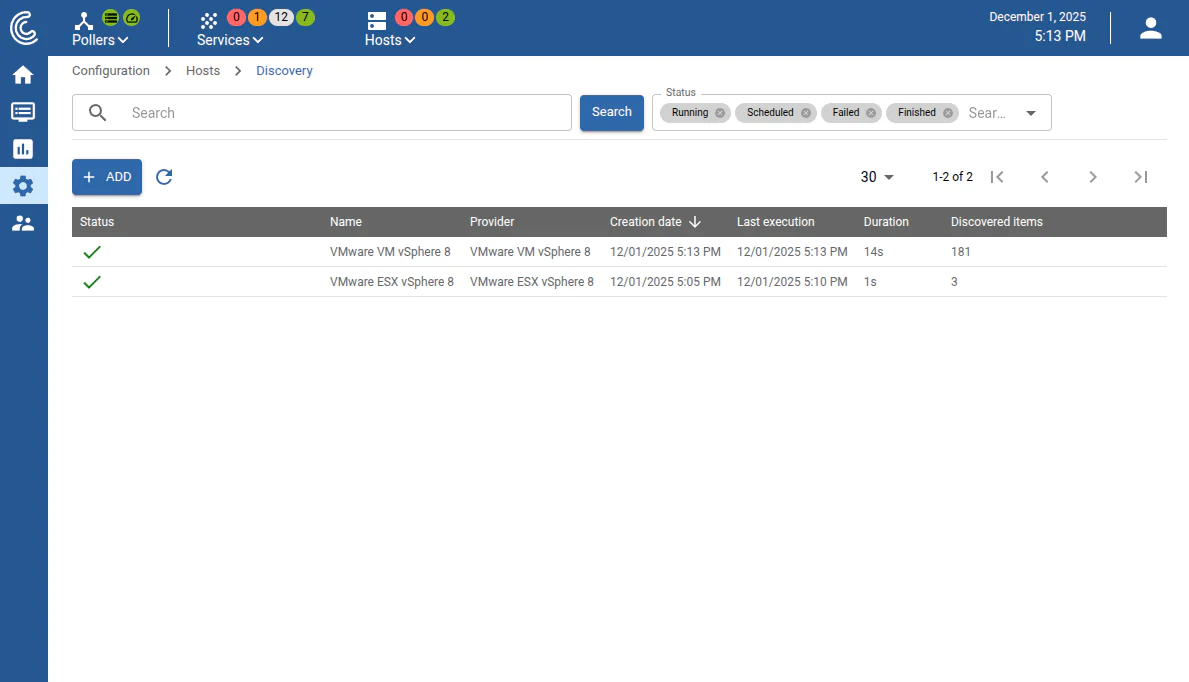 Découverte d'hôtes dans Centreon : tâches de découverte VMware vSphere
