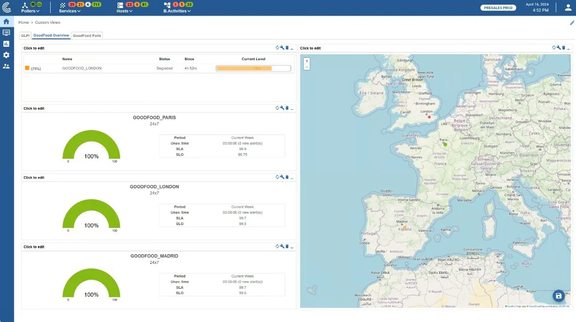 Tableau de bord Centreon : jauges de disponibilité des sites de Paris, Londres et Madrid et carte de l'Europe
