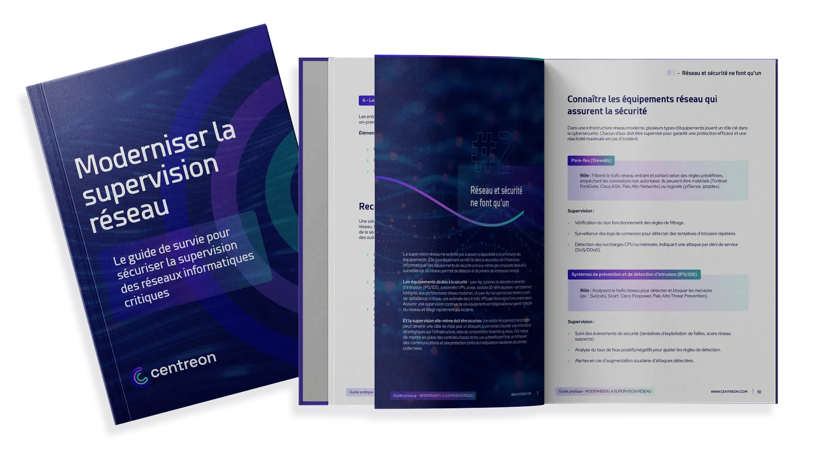 Couverture et pages intérieures du guide « Moderniser la supervision réseau », guide de survie pour sécuriser la supervision des réseaux informatiques critiques
